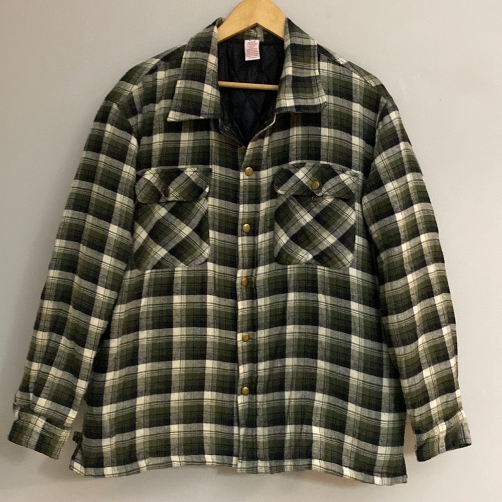 OPEN TRAILS mens army green/beige plaid lined flannel shacket size L